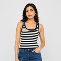 Black and white striped racerback tank top worn by model